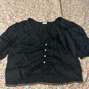 Aritzia Wilfred Black Satin Pearl Buttoned Top